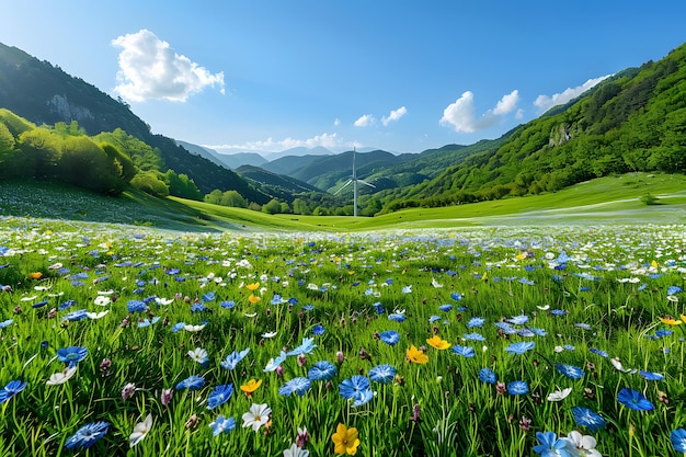 Wildblumenfeld mit Bergen im Hintergrund