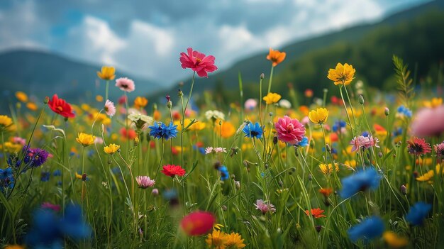 Foto wildblumenfeld mit berghintergrund