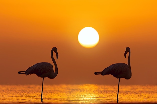 Wilde afrikanische Vögel Die Silhouette von zwei Flamingos steht in einer Lagune vor dem Hintergrund eines goldenen Sonnenuntergangs und einer hellen Sonne