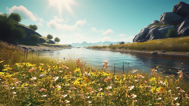 Wilde Blumen auf dem Feld am Horizont Berge und Bäume blauer Himmel mit weißen Wolken florale Natur