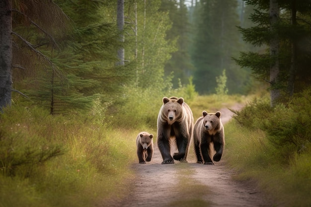 Foto wilde braunbärenfamilie spaziert im herbstwald generative ki