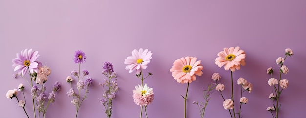 Wilde Frühlings- und Sommerblumen auf pastellviolettem Hintergrund Generative KI