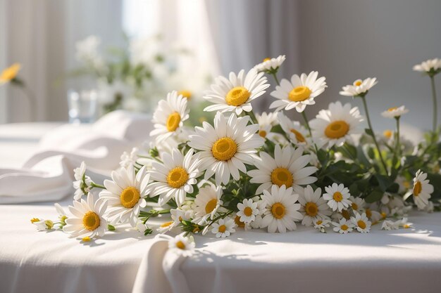 wilde Gänseblumen und weiße Leinen-Tischdecke