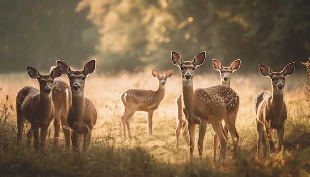 Wilde Hirschherde, die bei Sonnenuntergang in der afrikanischen Savanne weidet, erzeugt durch KI