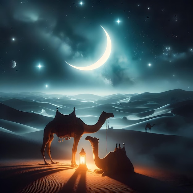 Foto wilde kamele in der wüste in der nacht