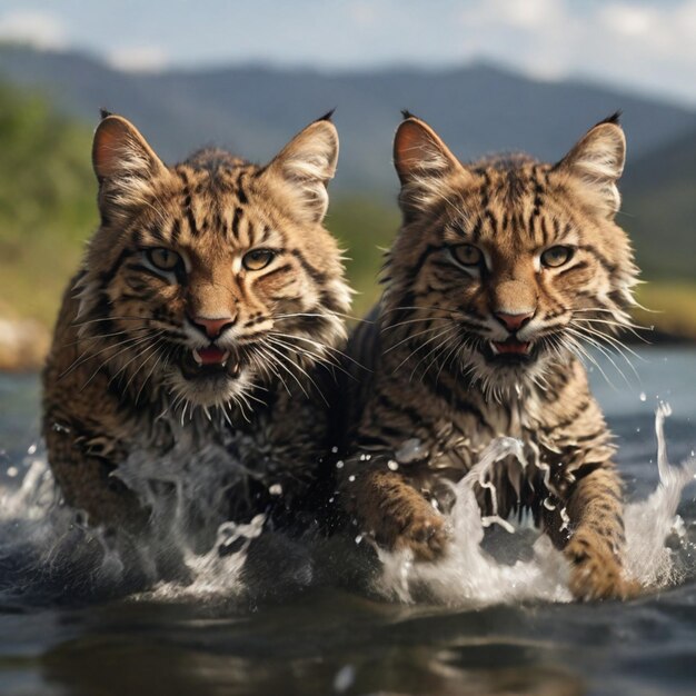 wilde Katzen spielen im Wasser