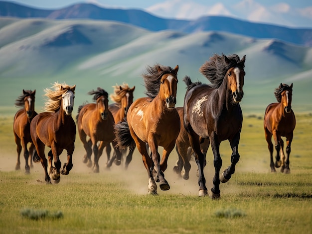 Wilde Pferde galoppieren über die goldenen Steppen der Mongolei