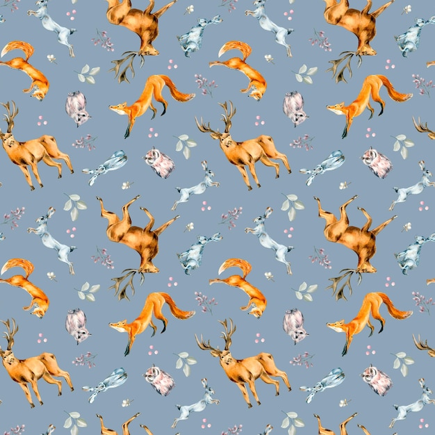 Foto wilde tiere hase fuchs eule hirsch aquarell musterdesign isoliert auf blau