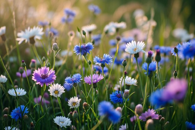 Foto wilde wiese mit lila-blauen maisblumen und aromatisch duftender weißer kamille