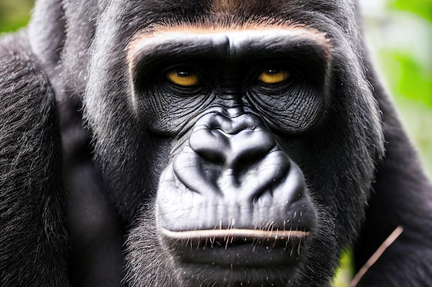 Wilder afrikanischer Gorilla mit gelben Augen im Nahaufnahmeporträt