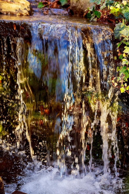 Wilder Bergfluss mit kleinen Wasserfällen, die durch den Wald fließen