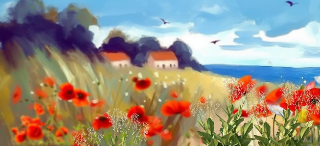 wilder Feldlavendel und Mohnblumenfeld am blauen sonnigen Himmel des Horizonts und Seeimpressionismusfurz