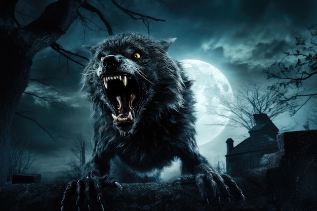 Wilder Werwolf heult im Dunkeln der Nacht auf dem Alten Friedhof unter Mondlicht-Halloween-Themenbild