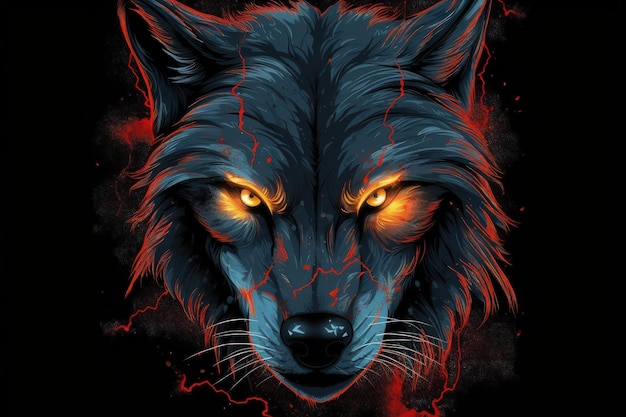 Wildes Wolfgesicht mit leuchtenden Augen Hintergrund digitale Illustration Generative KI