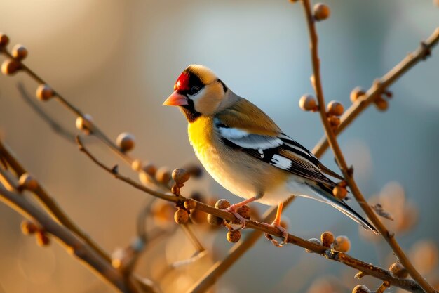 Foto wildfinch empoleirado em um ramo pássaro goldfinch carduelis carduelis empoleirados comendo sementes na neve durante a estação de inverno ai gerado