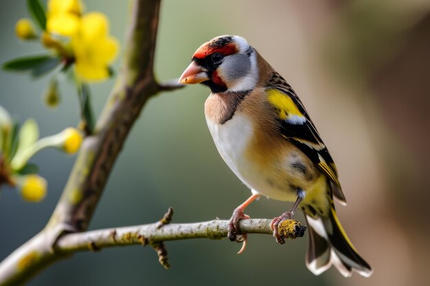 Foto wildfinch encaramado en una rama pájaro carduelis carduelis encaramado comiendo semillas en la nieve durante la temporada de invierno ai generado