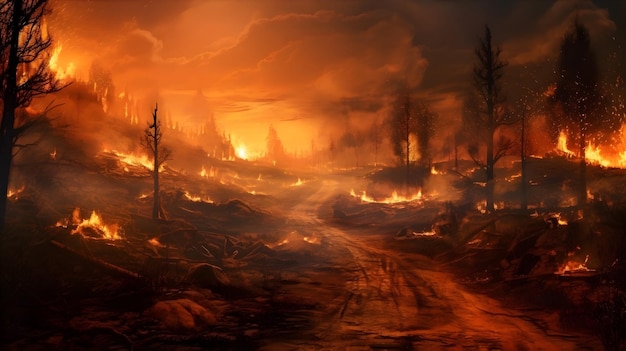 Wildfire Apocalypse Eine postapokalyptische Landschaft, nachdem ein Waldbrand das Gebiet verwüstet hat. Generative KI