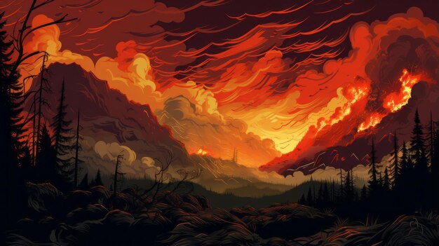 Wildfire Uma ilustração gráfica de uma paisagem montanhosa pós-apocalíptica