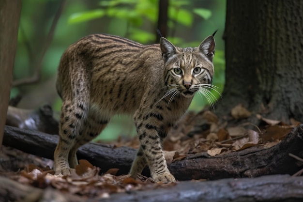 Wildkatze mit langen und schmalen Spuren durch den Wald, erstellt mit generativer KI