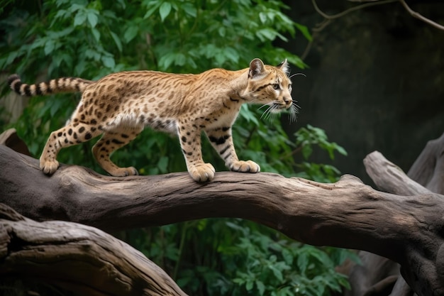 Wildkatze springt über einen Baumzweig im mittleren Sprung, der mit generativer AI erstellt wurde