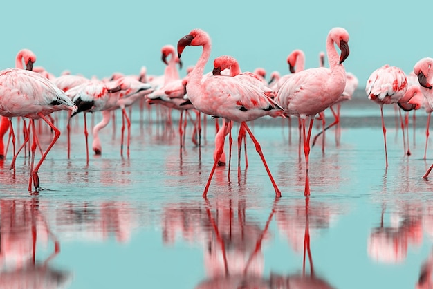 Wildleben Herde von rosa afrikanischen Flamingos laufen auf dem Hintergrund eines hellen Himmels durch die blaue Lagune