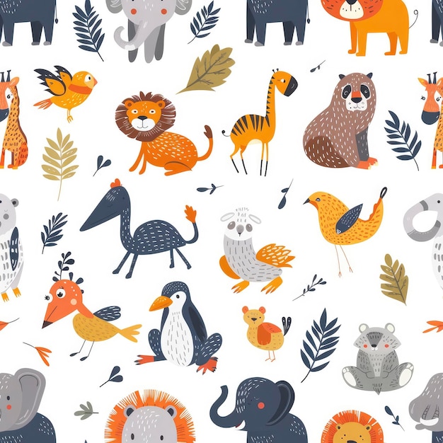 Foto wildlife wonderland diseño de patrones sin costuras con una variedad de animales coloridos perfecto para conceptos infantiles aislados en un fondo blanco
