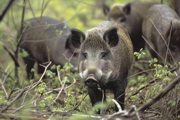 Foto wildschweine, die im gebüsch nahrung suchen