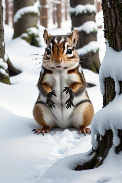 Foto wildtier-eichhörnchen sucht im winter in hd-fotografie nach nahrung in einem baumloch im verschneiten wald