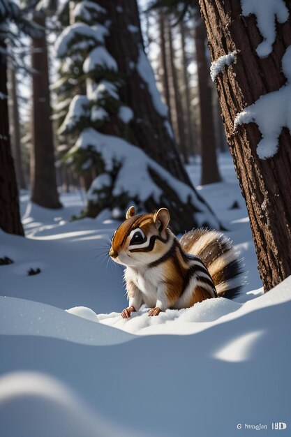 Wildtier-Eichhörnchen sucht im Winter in HD-Fotografie nach Nahrung in einem Baumloch im verschneiten Wald