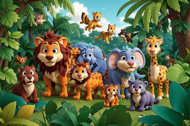 Wildtiere aus Zeichentrickfilmen im Dschungel