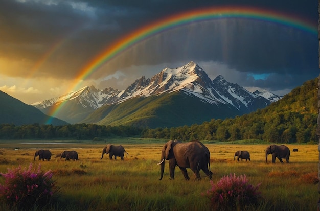 Wildtiere mit Regenbogen über Bergen