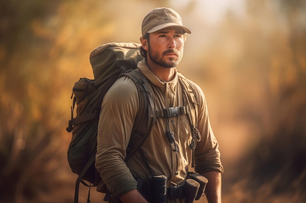 Wildtierfotograf ausgerüstet Morgen-Sonnenaufgang Waldporträt-Kamera-Stabilisator generieren ai