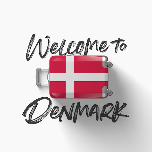Willkommen bei der dänischen Nationalflagge auf einem Reisekoffer d render
