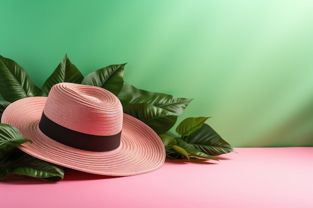 Willkommen im Sommer mit Frauenhüten, Sonnencreme und einem grünen Blatt auf einem rosa Hintergrund