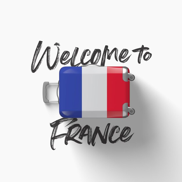 Willkommen in der französischen Nationalflagge auf einem Reisekoffer d render