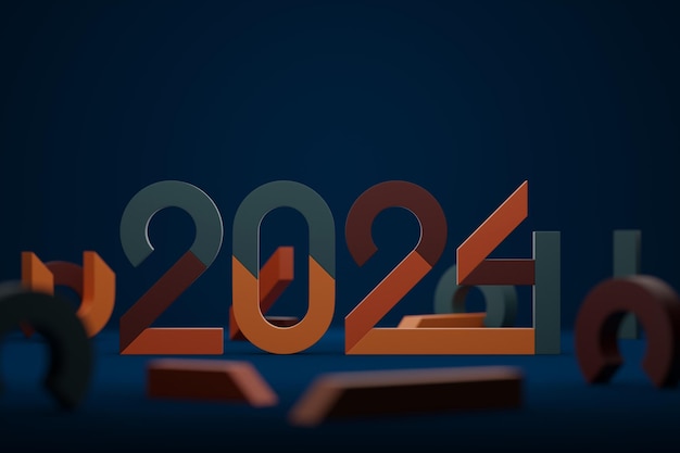 Willkommen kreatives Konzept 2024 Frohes neues Jahr 2024 Hervorragender 3D-Text auf schwarzem Hintergrund 3D-Illustration