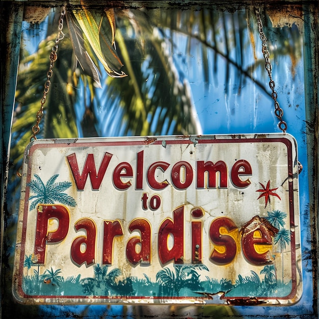 Willkommen-Schild aus Holz mit dem Satz "Willkommen im Paradies" am Strand der Insel Koh Rong mit Grün