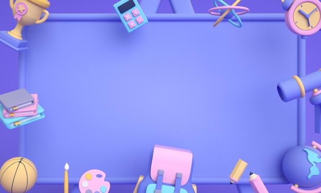 Willkommen zurück in der schule für kinder oder studentenbildung post hintergrund 3d mit kopierraum für text