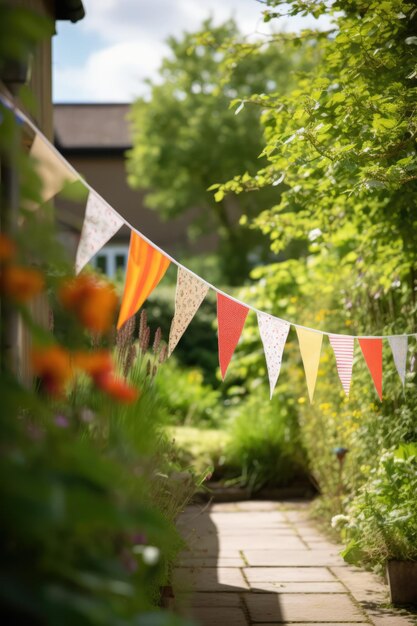 Wimpelkette im sonnigen Garten, erstellt mit generativer KI-Technologie