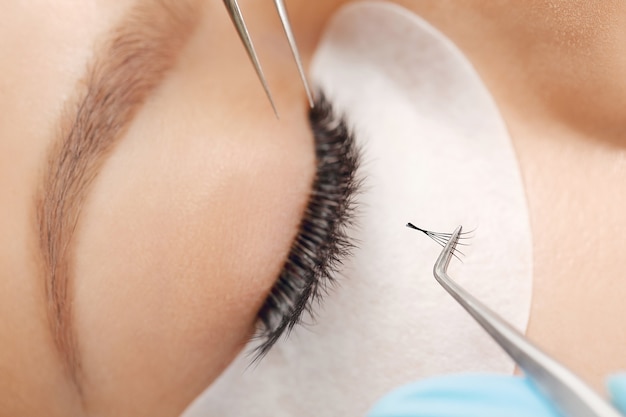 Wimpernverlängerungen. Falsche Wimpern. Wimpernverlängerungsverfahren. Schließen Sie das Porträt des Frauenauges mit langen Wimpern. Professionelle Stylistin verlängert weibliche Wimpern. Meister und Kunde im Schönheitssalon.