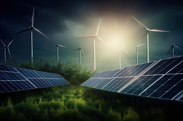 Windenergieturbine und Solarpanel erneuerbare Energie Generative KI