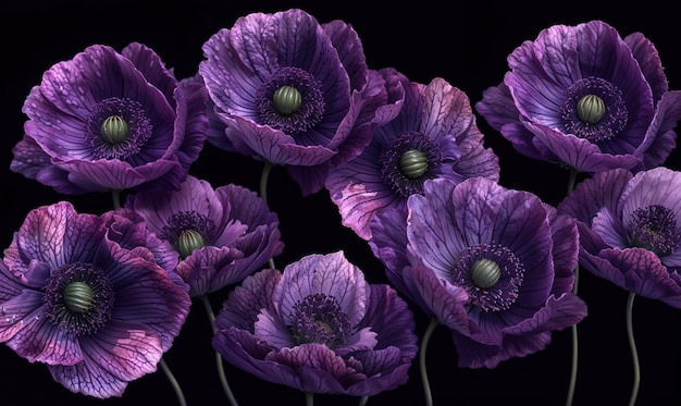 Foto windgeblasene lila mohnblütenmuster im realistischen stil