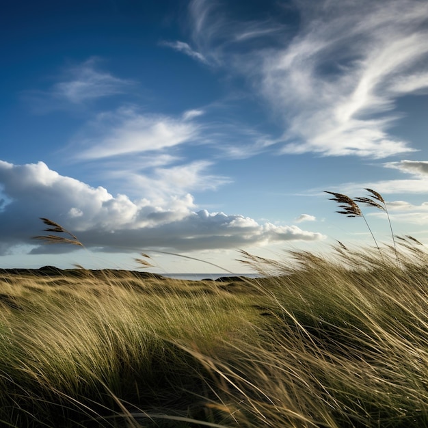 Windgepeitschtes Grasfeld unter blauem Himmel