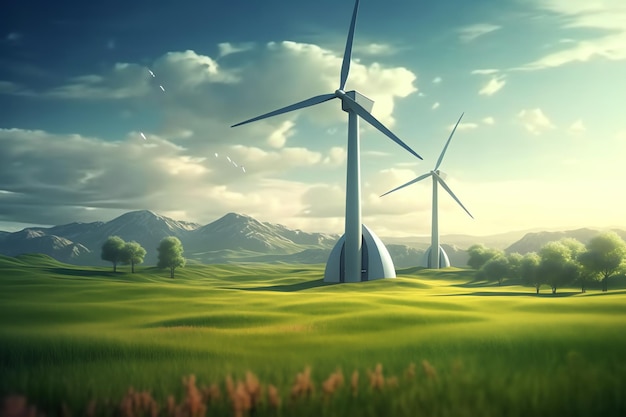 Windkraftanlage im grünen Feld mit erzeugter Windkraftanlage
