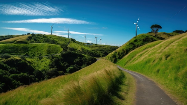 Windkraftanlagen auf dem Hügel grüne alternative Energie Generative KI