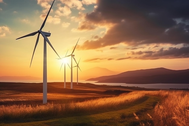 Windkraftanlagen auf einem Feld bei Sonnenuntergang, hinter ihnen die untergehende Sonne