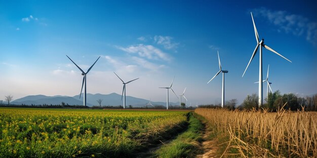 Windkraftanlagen auf einem Feld mit blauem Himmel im Hintergrund