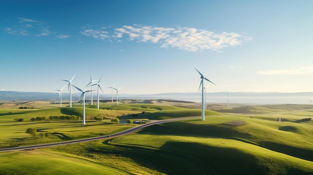 Windkraftanlagen auf einem grünen Hügel, an dem eine Straße vorbeiführt