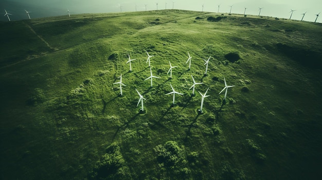 Windkraftanlagen auf einem grünen Hügel mit einer grünen Wiese und einem Windpark im Hintergrund