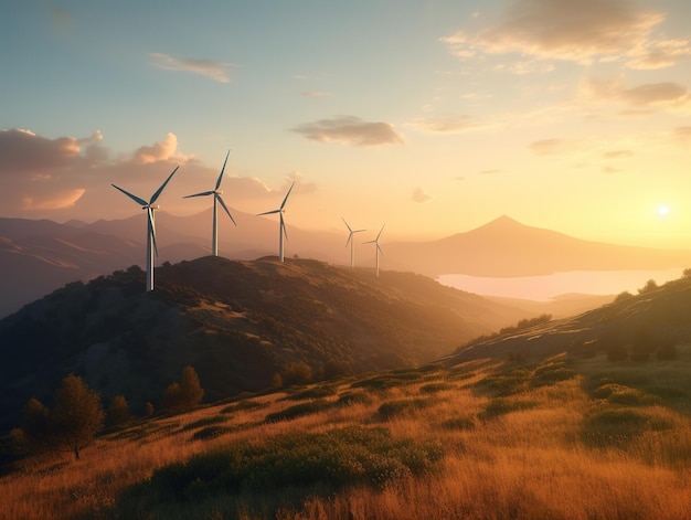 Windkraftanlagen auf einem Hügel bei Sonnenuntergang